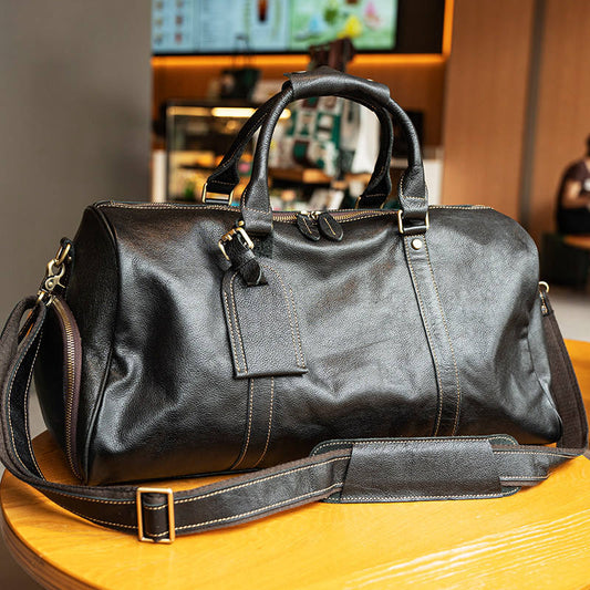 Genuine Cowhide Leather Duffle Bag for Men and Women, Leather Travel Weekender Bag for Gym and Overnight Trips