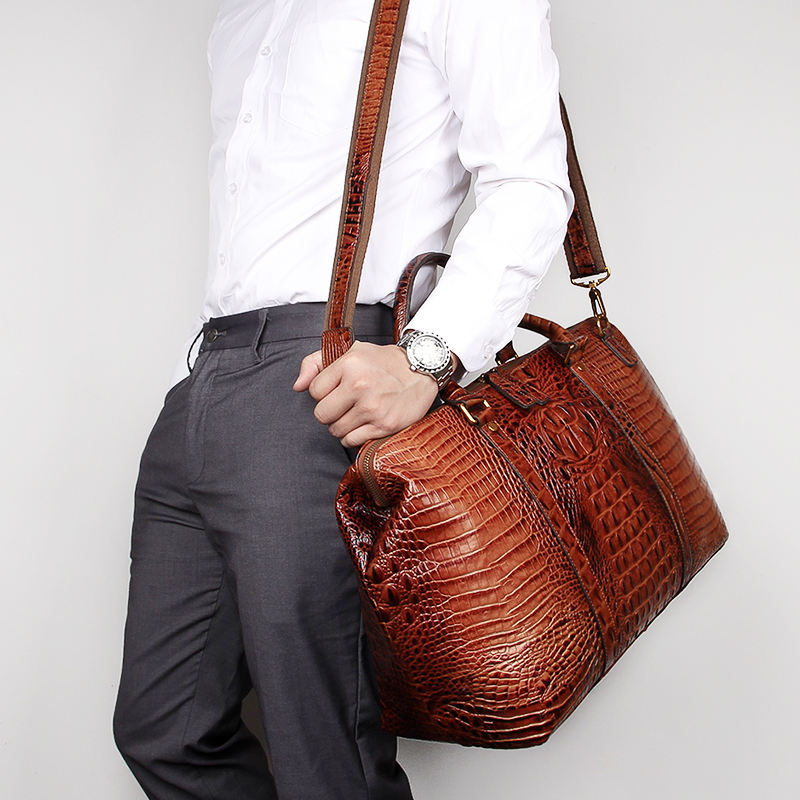 Genuine Leather Ladies Travel Bag with Alligator Stripe Pattern, Women's Leather Handbag for Everyday Use and Travel
