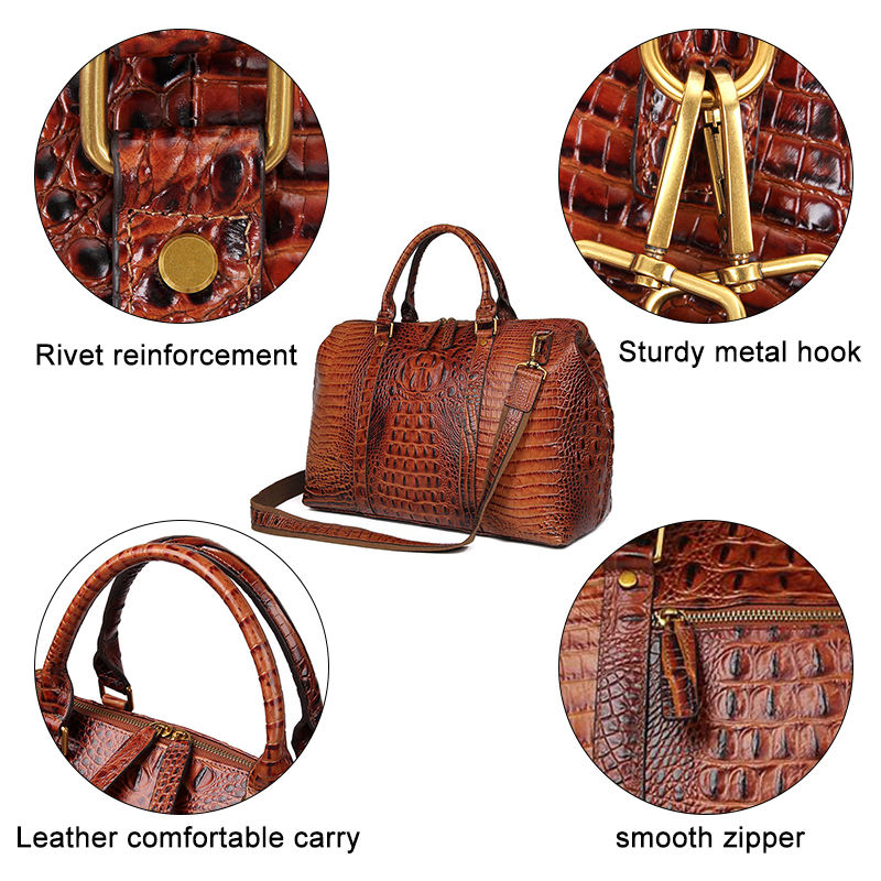 Genuine Leather Ladies Travel Bag with Alligator Stripe Pattern, Women's Leather Handbag for Everyday Use and Travel