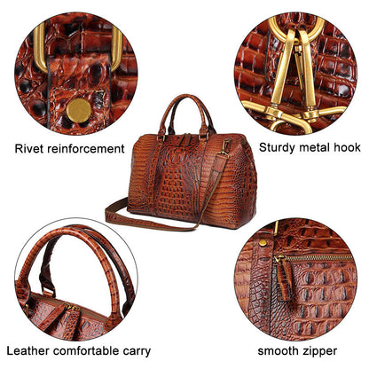 Genuine Leather Ladies Travel Bag with Alligator Stripe Pattern, Women's Leather Handbag for Everyday Use and Travel